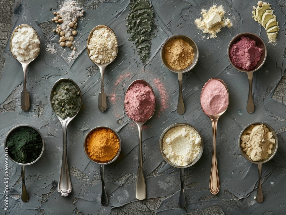 Variety of herbs and spices arranged in spoons for cooking. Variety of herbs and spices arranged in spoons for cooking.