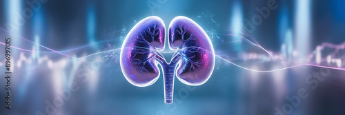 Futuristic glowing organ hologram translucent white and copy space for text. Translucent Human Kidneys, Nephrology, Urinary System Backdrop