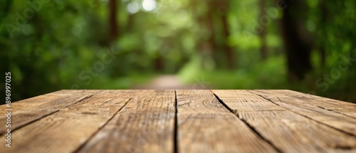 A wood table with a relaxing style on a tranquil forest path, creating a peaceful and calming atmosphere, banner, with copy space