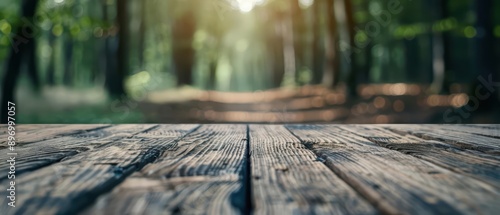 A wood table with a relaxing style on a tranquil forest path, creating a peaceful and calming atmosphere, banner, with copy space