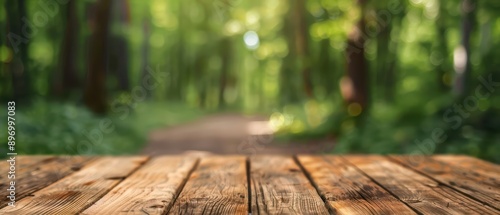 A wood table with a relaxing style on a tranquil forest path, creating a peaceful and calming atmosphere, banner, with copy space