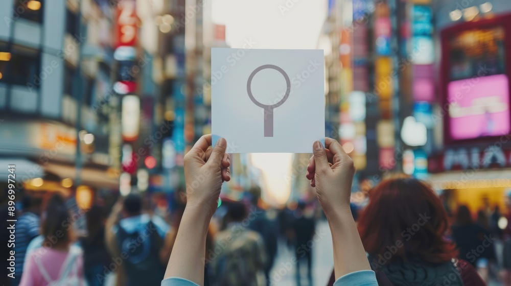 Fototapeta premium woman holding paper with symbols of men and women in the city