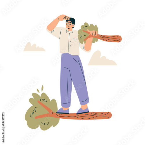 Look to Future with Man Character on Tree Branch View Horizon Vector Illustration
