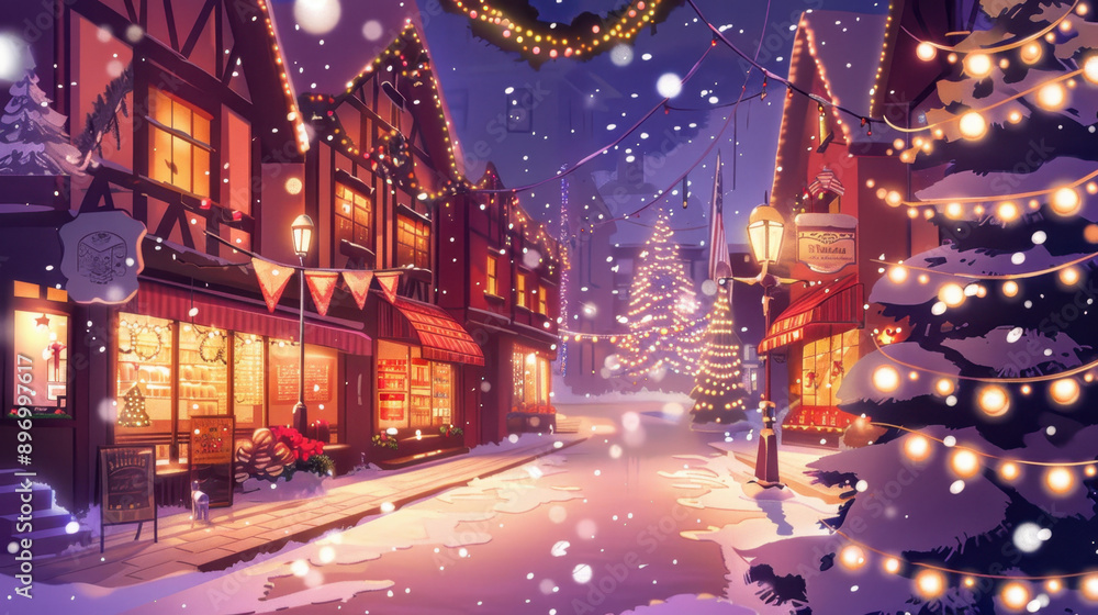 Winter evening in a charming village street adorned with festive lights and decorations, snow gently falling on buildings and trees Winter evening in a charming village street adorned with festive lights and decorations, snow gently falling on buildings and trees