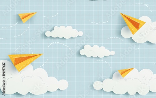 flat illustration of yellow paper airplanes flying on a white lined graph paper background with clouds