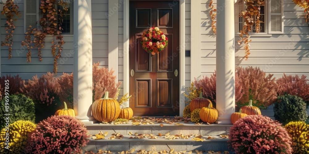 The exterior of a house beautifully decorated for fall with pumpkins and autumn colors. The exterior of a house beautifully decorated for fall with pumpkins and autumn colors.