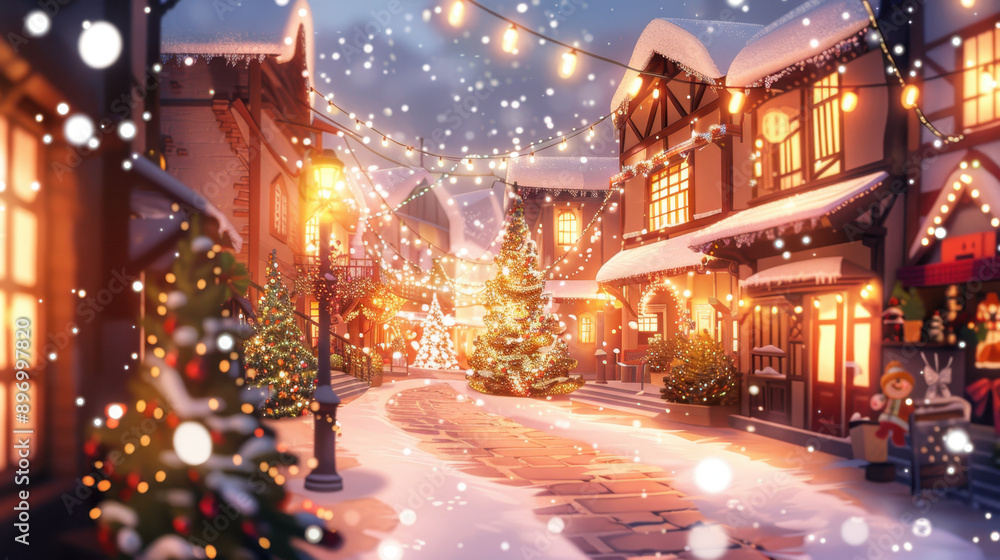Charming winter street scene adorned with festive lights, decorated Christmas trees, and a light snowfall creating a magical holiday atmosphere Charming winter street scene adorned with festive lights, decorated Christmas trees, and a light snowfall creating a magical holiday atmosphere