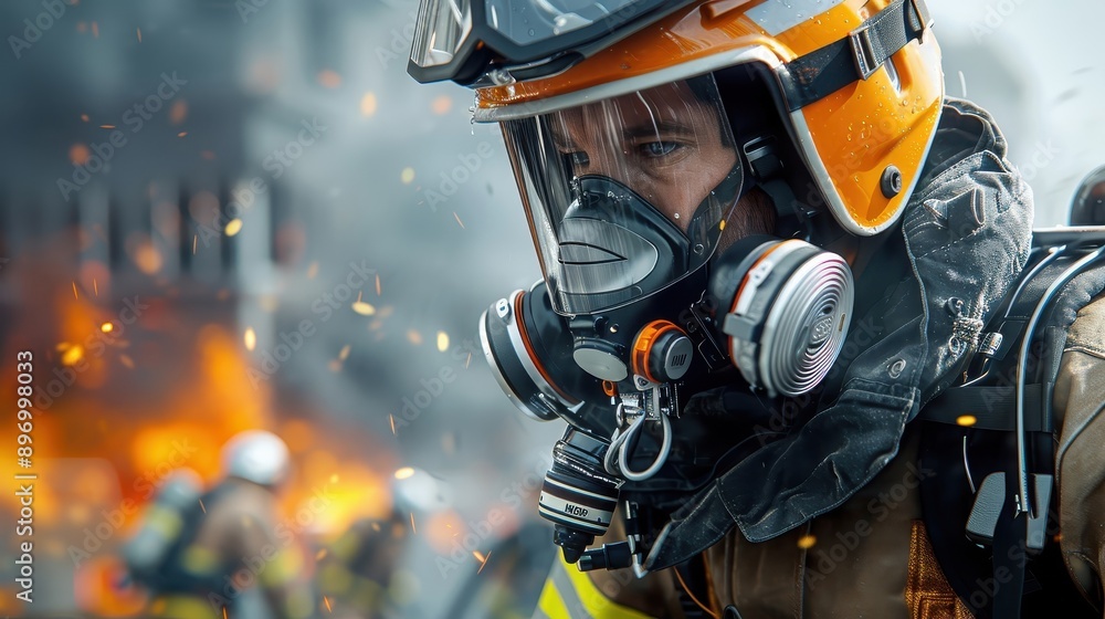 Naklejka premium A firefighter adjusting their respirator mask before entering a burning building.