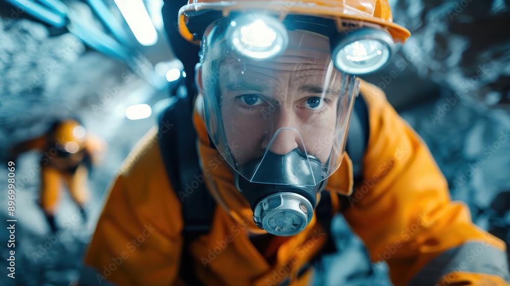 A miner descends into a mine, wearing a respirator mask and headlamp. A miner descends into a mine, wearing a respirator mask and headlamp.