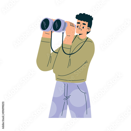Look to Future with Man Character with Binocular View Horizon Vector Illustration