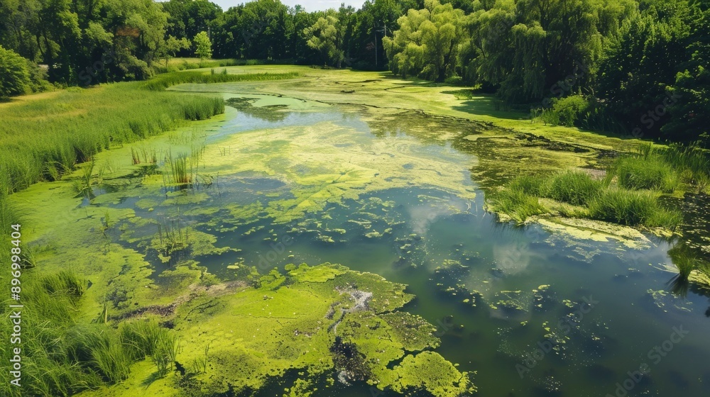 A serene pond filled with algae, surrounded by lush greenery. A serene pond filled with algae, surrounded by lush greenery.