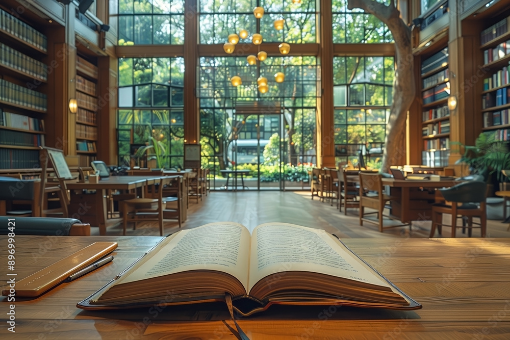 An open book lies on the table of a huge library with large glass walls ...