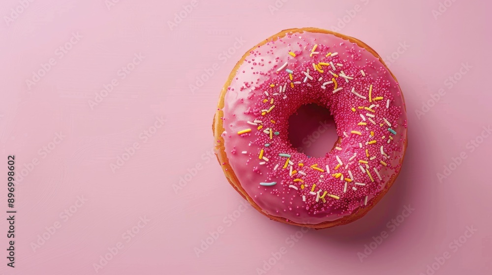 Isolated pink doughnut with white frosting and colorful sprinkles on a pink background. Isolated pink doughnut with white frosting and colorful sprinkles on a pink background.