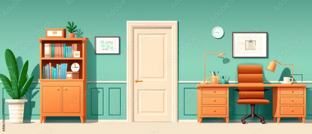 An office with a retro style interior, showcasing vintage furniture, nostalgic decor, and classic color schemes, banner, with copy space An office with a retro style interior, showcasing vintage furniture, nostalgic decor, and classic color schemes, banner, with copy space