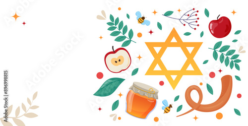Happy Rosh Hashanah, Jewish New Year Holiday Greeting card or banner template. Honey Jar, apple and honey combs symbols of traditional jewish New Year