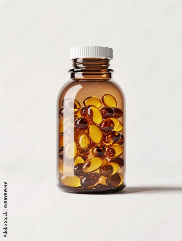 A glass bottle filled with omega-3 capsules, promoting a healthy lifestyle and providing essential nutrients for the body's optimal functioning. A glass bottle filled with omega-3 capsules, promoting a healthy lifestyle and providing essential nutrients for the body's optimal functioning.