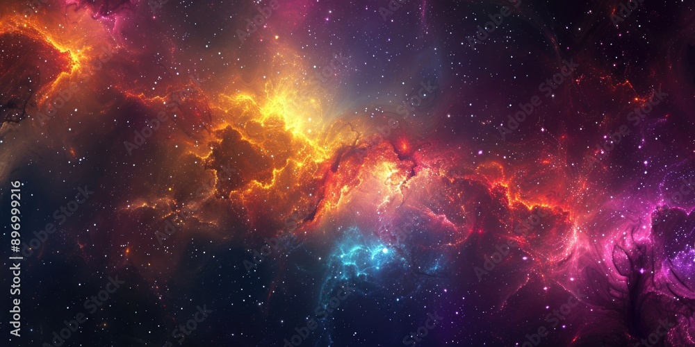 Vibrant and colorful galaxy scene with swirling clouds of gases and stars shining in the distance. Vibrant and colorful galaxy scene with swirling clouds of gases and stars shining in the distance.