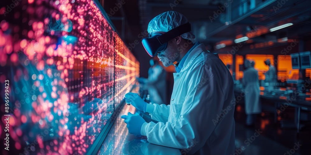 Fototapeta premium Scientist using a virtual reality headset to analyze vibrant data visualizations in a futuristic laboratory