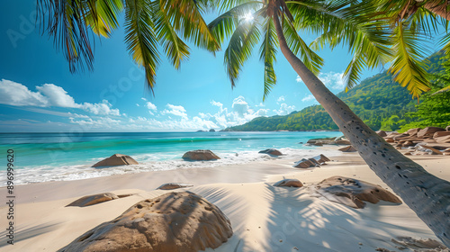 Palm trees and granite rocks in the white sand on seychelles beach. Simply paradise photo