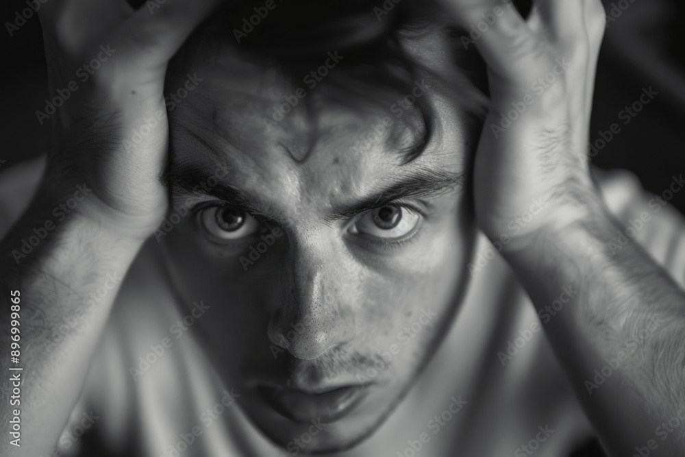 Fototapeta premium Man with hands on head and eyes closed in frustration or deep thought.
