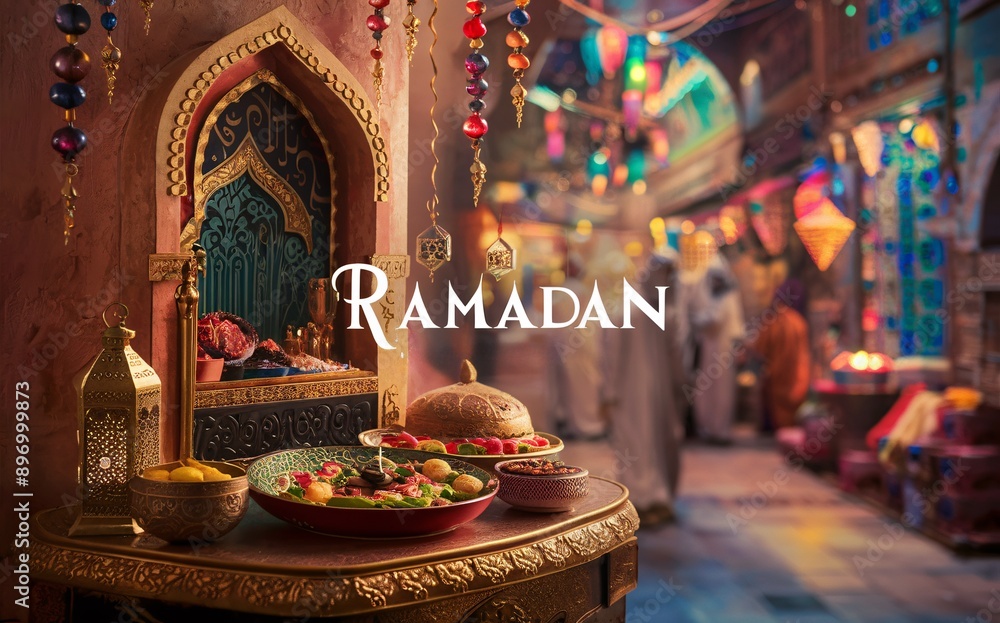 food and a lantern ,candles and a mosque in the background, Islamic background, Ramadan food and a lantern ,candles and a mosque in the background, Islamic background, Ramadan