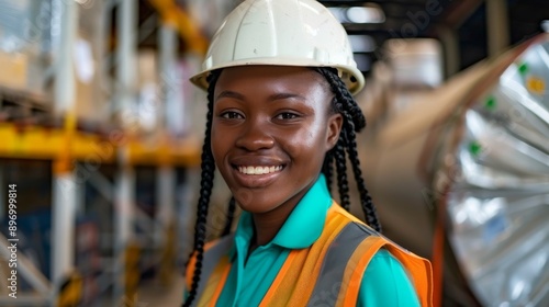 Confident Young Woman in Safety Attire Holding Digital Tablet in Industrial Setting, Conveying Competence and Positivity