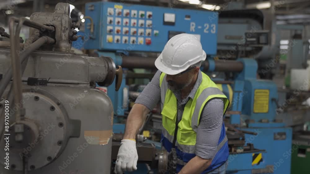 Mechanic staff employee discuss in metal factory. Staff or technicians are checking the operation of the old machine. Mechanic staff employee discuss in metal factory. Staff or technicians are checking the operation of the old machine.