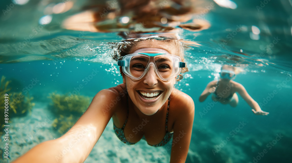 Fototapeta premium Person taking a selfie while snorkeling underwater with another snorkeler in the background in clear blue water.
