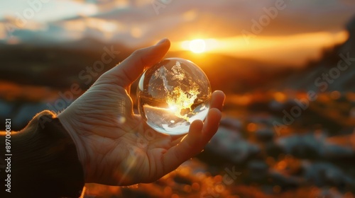 male hand holding small crystal globe in front of sunset. photo