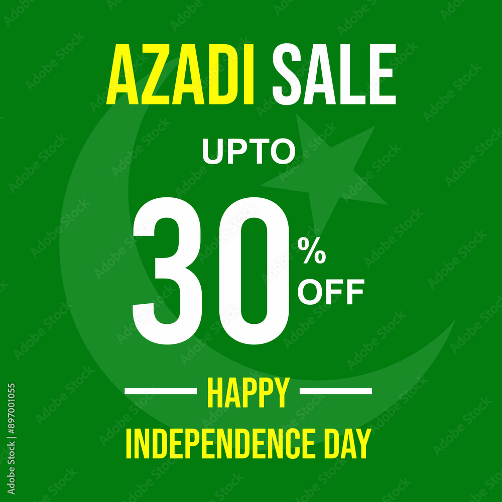 Naklejka premium Azadi sale upto 30% off discount banner design with Pakistani flag in background. Happy Independence Day fourteen of August Pakistan national holiday vector illustration.