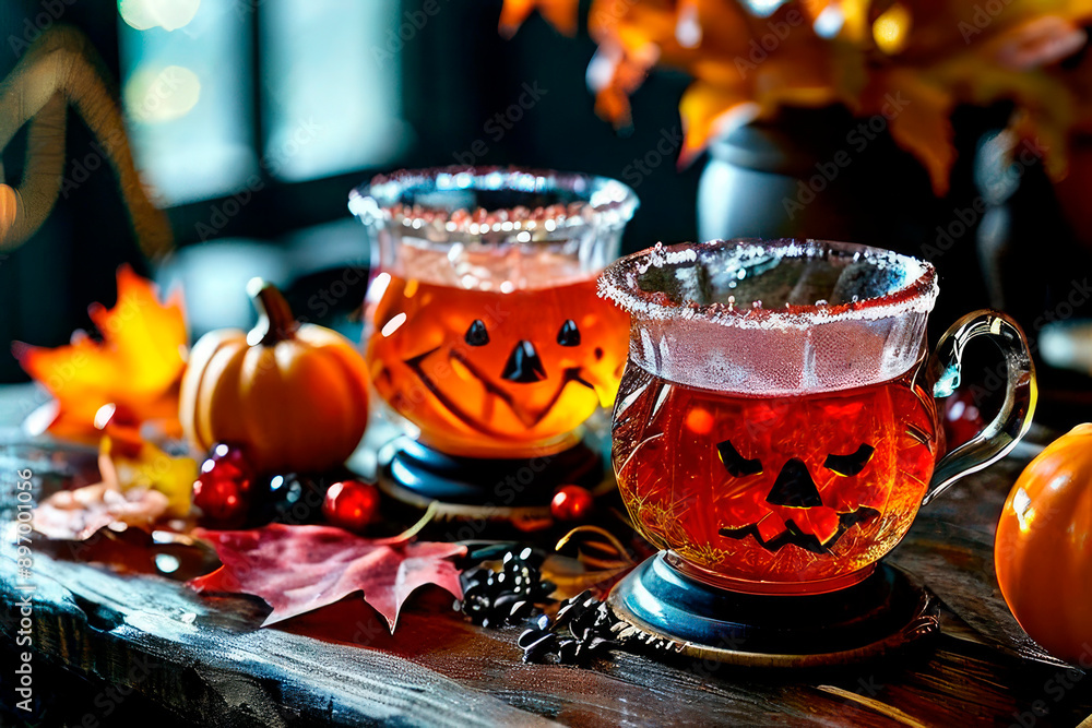 Halloween drinks in Jack-O-Lantern-shaped mugs on table with pumpkins and orange maple leaves. Gloomy Halloween party atmosphere Halloween drinks in Jack-O-Lantern-shaped mugs on table with pumpkins and orange maple leaves. Gloomy Halloween party atmosphere