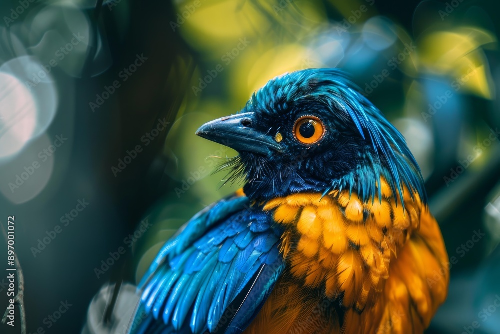 Fototapeta premium Blue and yellow bird with a black beak is turning its head in a lush green forest