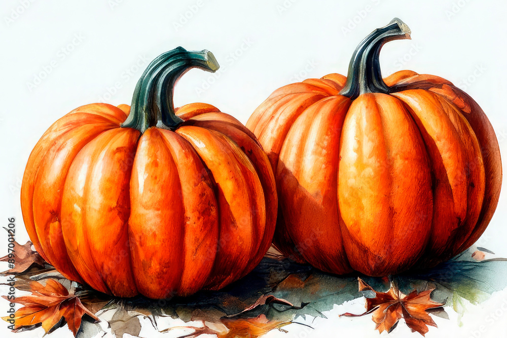 Two large ripe pumpkins and orange autumn leaves painted in watercolor on white background Two large ripe pumpkins and orange autumn leaves painted in watercolor on white background