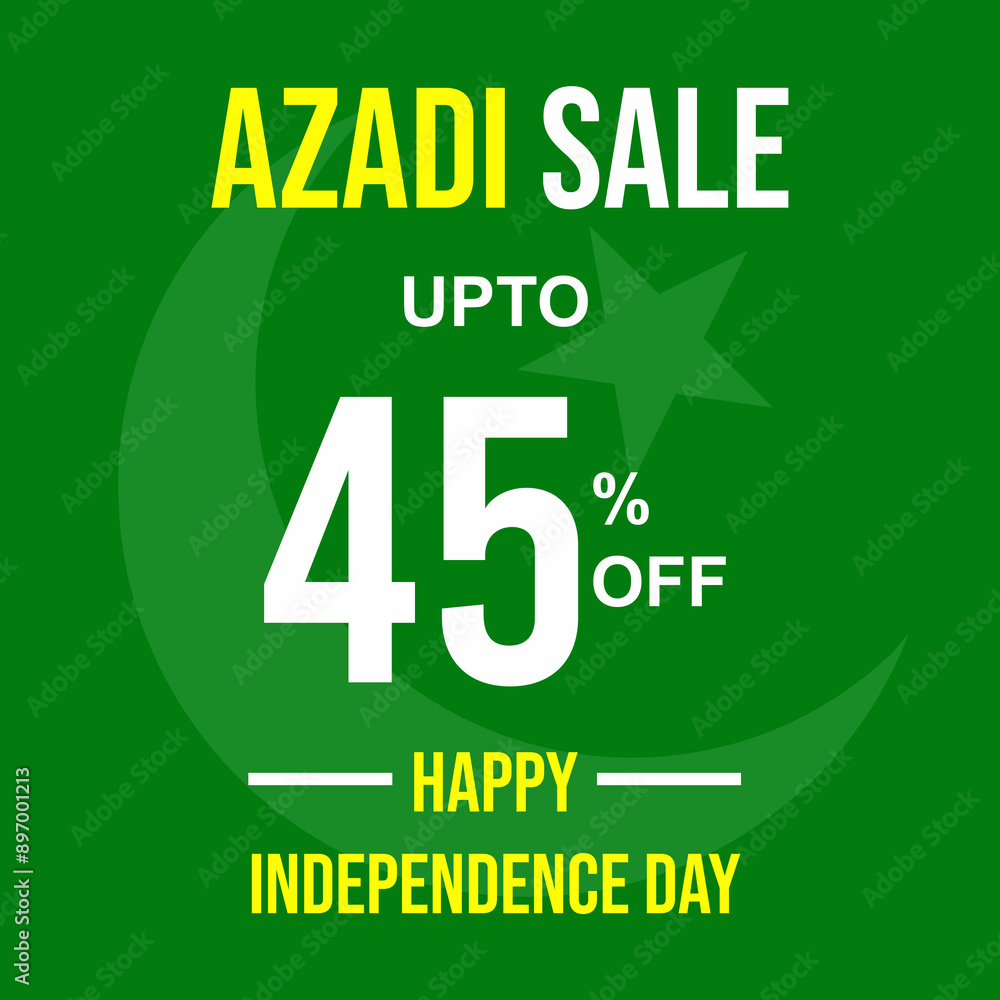 Naklejka premium Azadi sale upto 45% off discount banner design with Pakistani flag in background. Happy Independence Day fourteen of August Pakistan national holiday vector illustration.