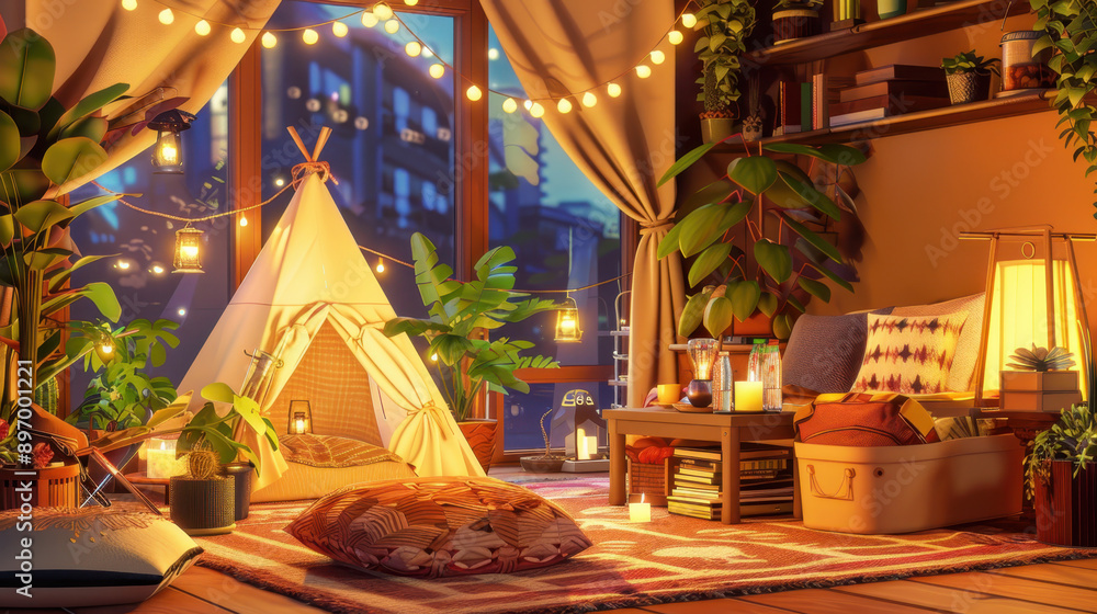 Naklejka premium Cozy indoor camping setup featuring a teepee, vibrant plants, cushions, and warm lighting creating a relaxed atmosphere