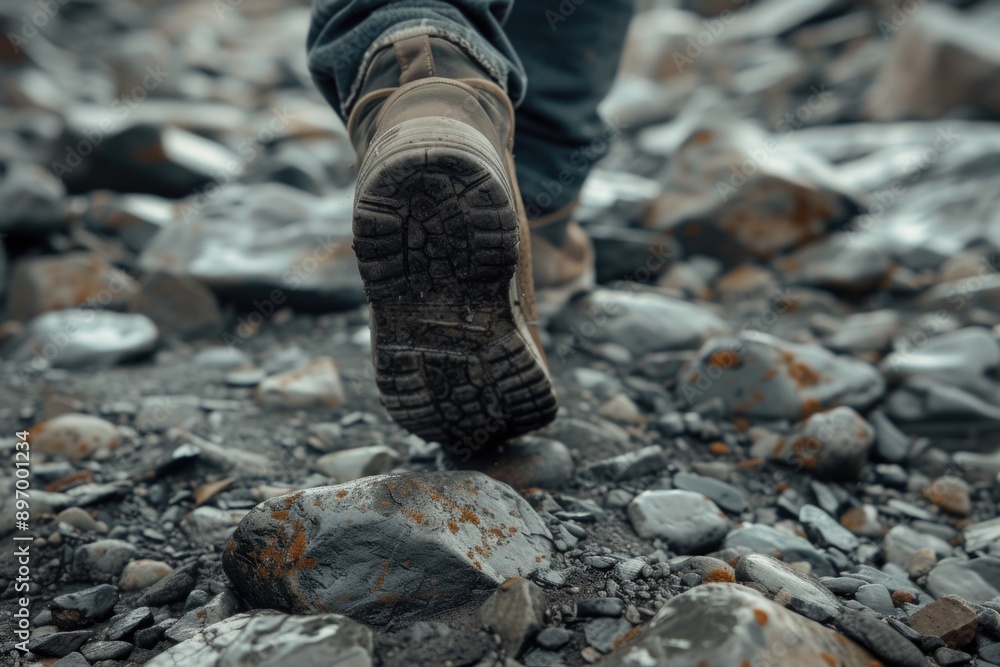 Person walking through rugged terrain, possibly after a climb or hike on a rocky mountain side. Person walking through rugged terrain, possibly after a climb or hike on a rocky mountain side.