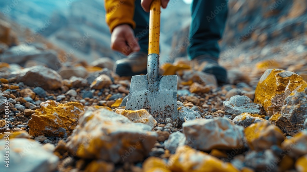 A trowel being used to excavate rocks in a mountainous region A trowel being used to excavate rocks in a mountainous region