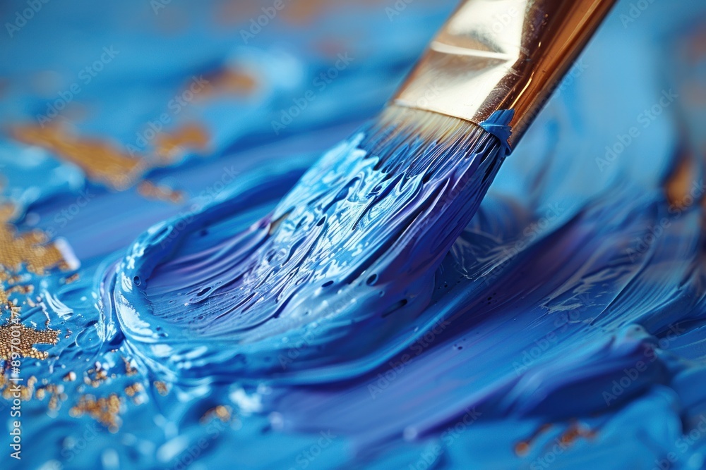 A paintbrush applies blue paint to a canvas, creating textured strokes A paintbrush applies blue paint to a canvas, creating textured strokes