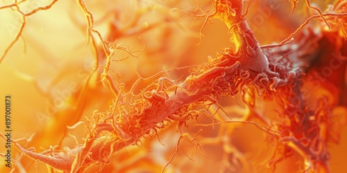 An artistic and scientific depiction of the amyloid plaques found in Alzheimer's disease, with a focus on the microscopic scale and the complexity of cellular pathology. photo