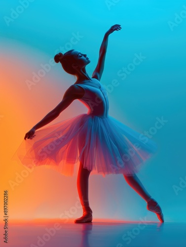 Young woman dancing in ballet pose with grace and expression.