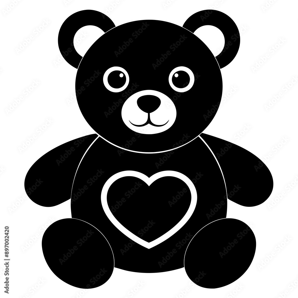 Cute black teddy bear with heart vector silhouette on white background Cute black teddy bear with heart vector silhouette on white background