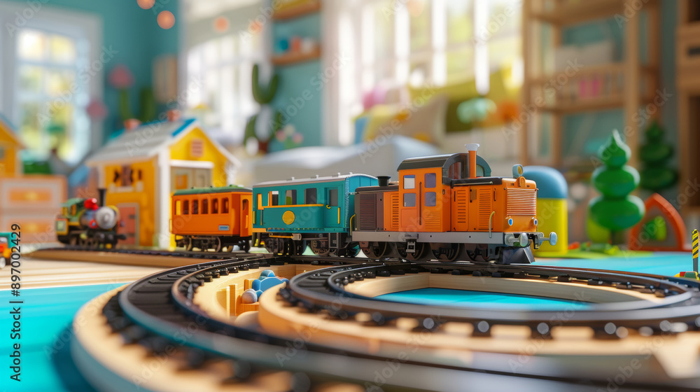 3d train set toy close up, in children living room 3d train set toy close up, in children living room