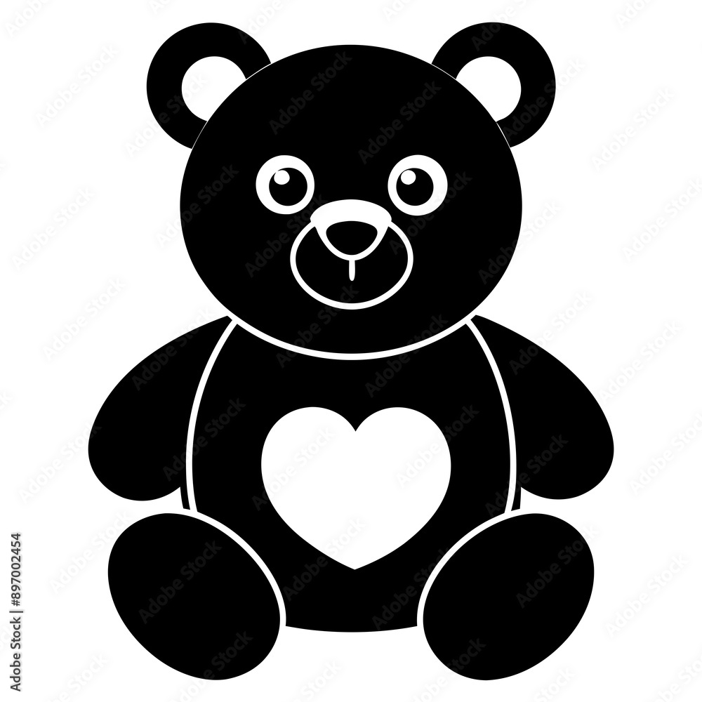 Fototapeta premium Cute black teddy bear with heart vector silhouette on white background