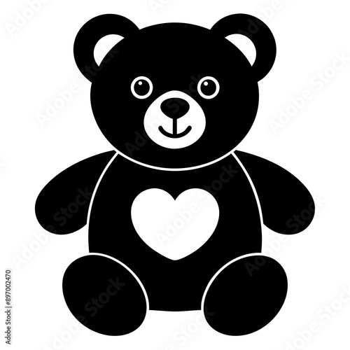 Cute black teddy bear with heart vector silhouette  on white background