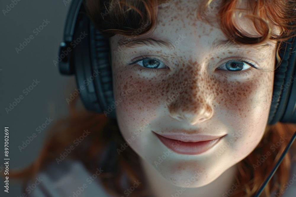 Smiling girl with headphones, enjoying music Smiling girl with headphones, enjoying music