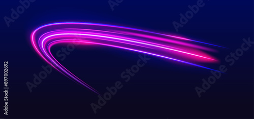 Dynamic composition of bright lines forming lights track of speed movement, futuristic dark background with neon glow, graphic design element. 