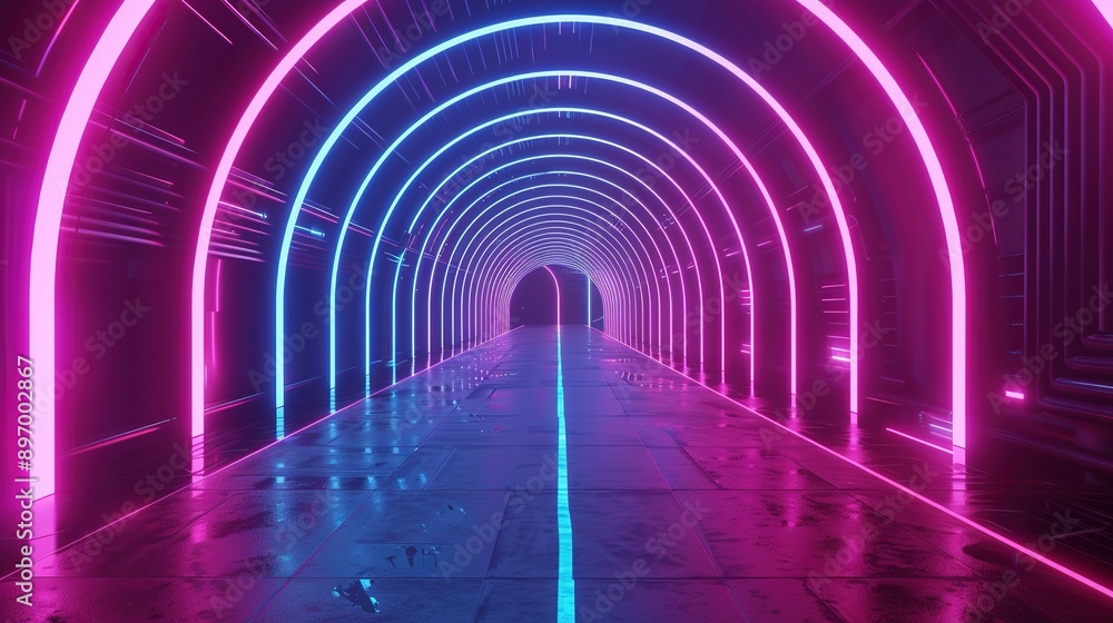 Futuristic 3D Render of an Abstract Neon Tunnel Corridor with Glowing Blue and Pink Lines, Featuring an Empty Floor and Walls in a Dark Room Illuminated by Colorful Lights. Futuristic 3D Render of an Abstract Neon Tunnel Corridor with Glowing Blue and Pink Lines, Featuring an Empty Floor and Walls in a Dark Room Illuminated by Colorful Lights.