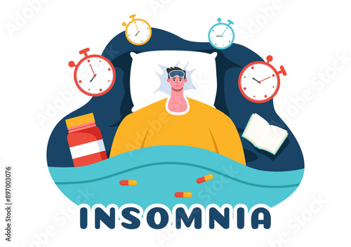 Insomnia Vector Illustration Featuring Young People Unable to Sleep, Lying Awake and Thinking with Eyes Open at Night in a Bedroom in Flat Cartoon