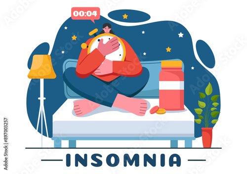Insomnia Vector Illustration Featuring Young People Unable to Sleep, Lying Awake and Thinking with Eyes Open at Night in a Bedroom in Flat Cartoon
