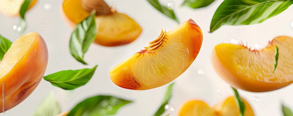 Floating peach slices with green leaves in the air against a transparent backdrop. The scene captures the vibrant, summery feel of the fruit with crisp, high-definition detail. Floating peach slices with green leaves in the air against a transparent backdrop. The scene captures the vibrant, summery feel of the fruit with crisp, high-definition detail.